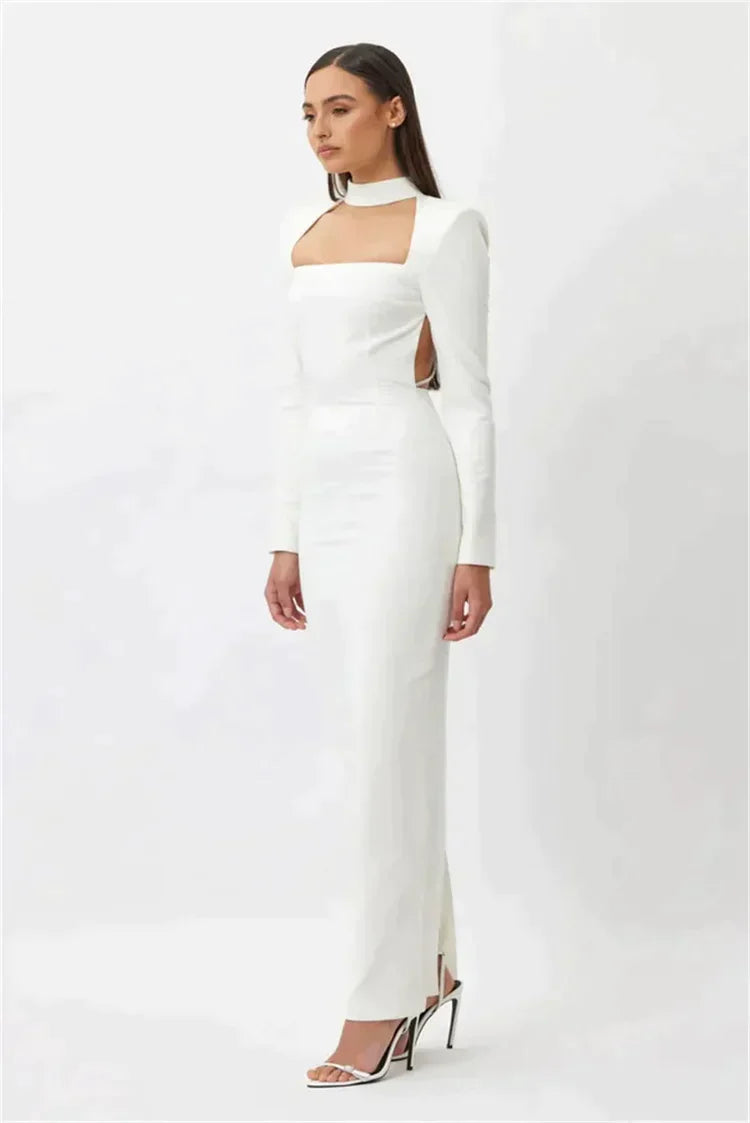 Long dress without slit, long sleeves and rhinestones