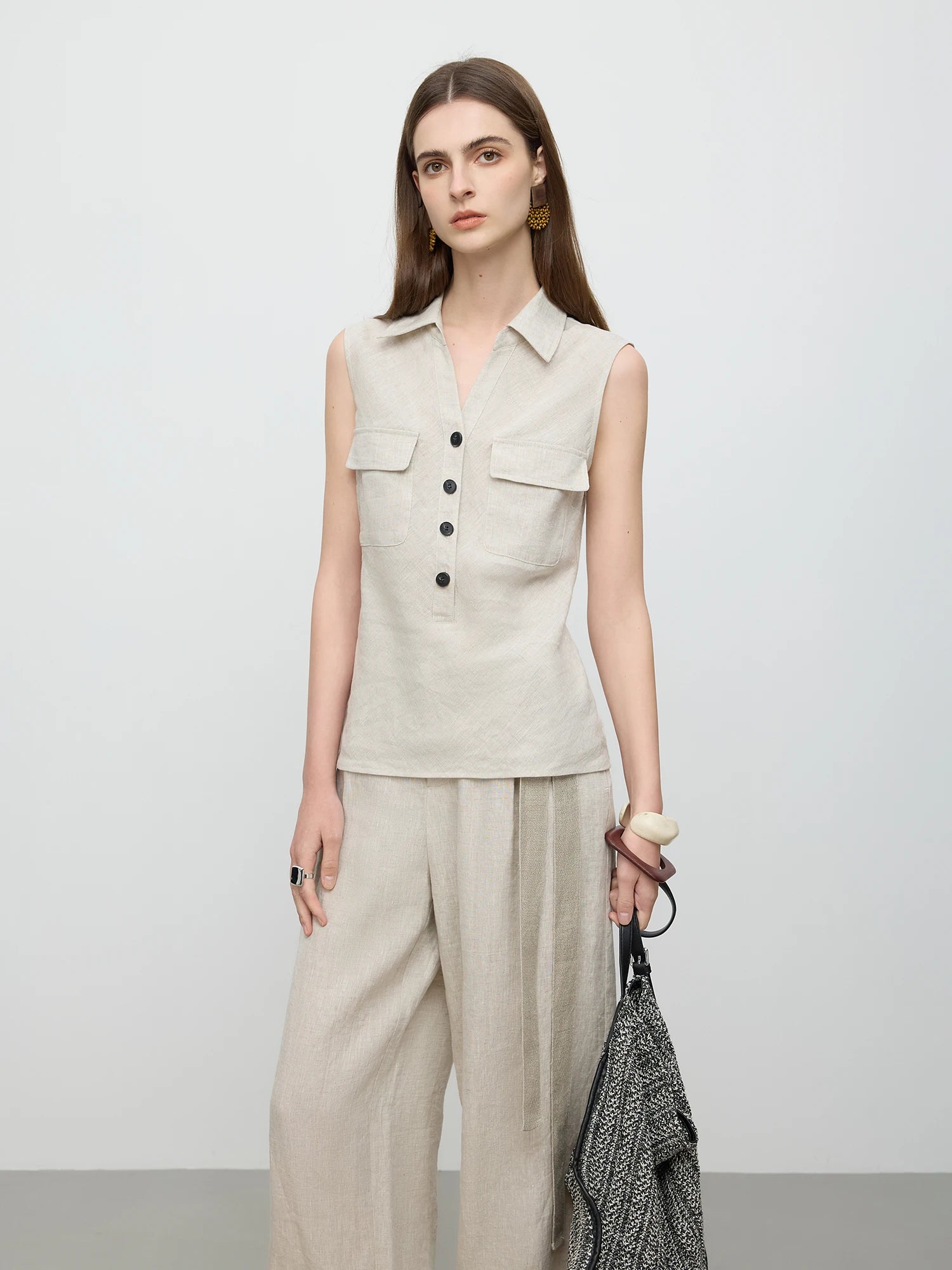 Sleeveless Linen Beige Top and Pants Set