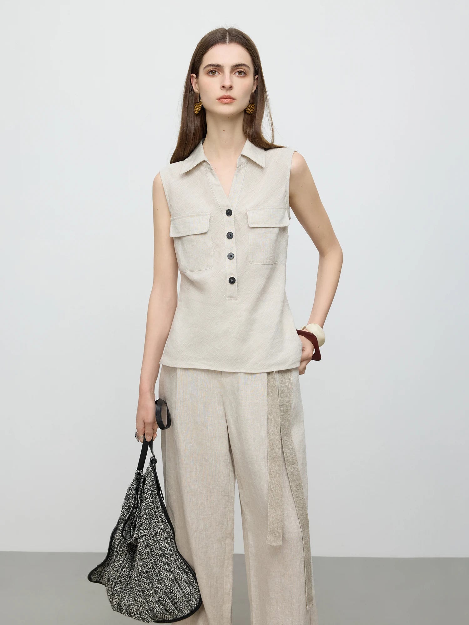 Sleeveless Linen Beige Top and Pants Set