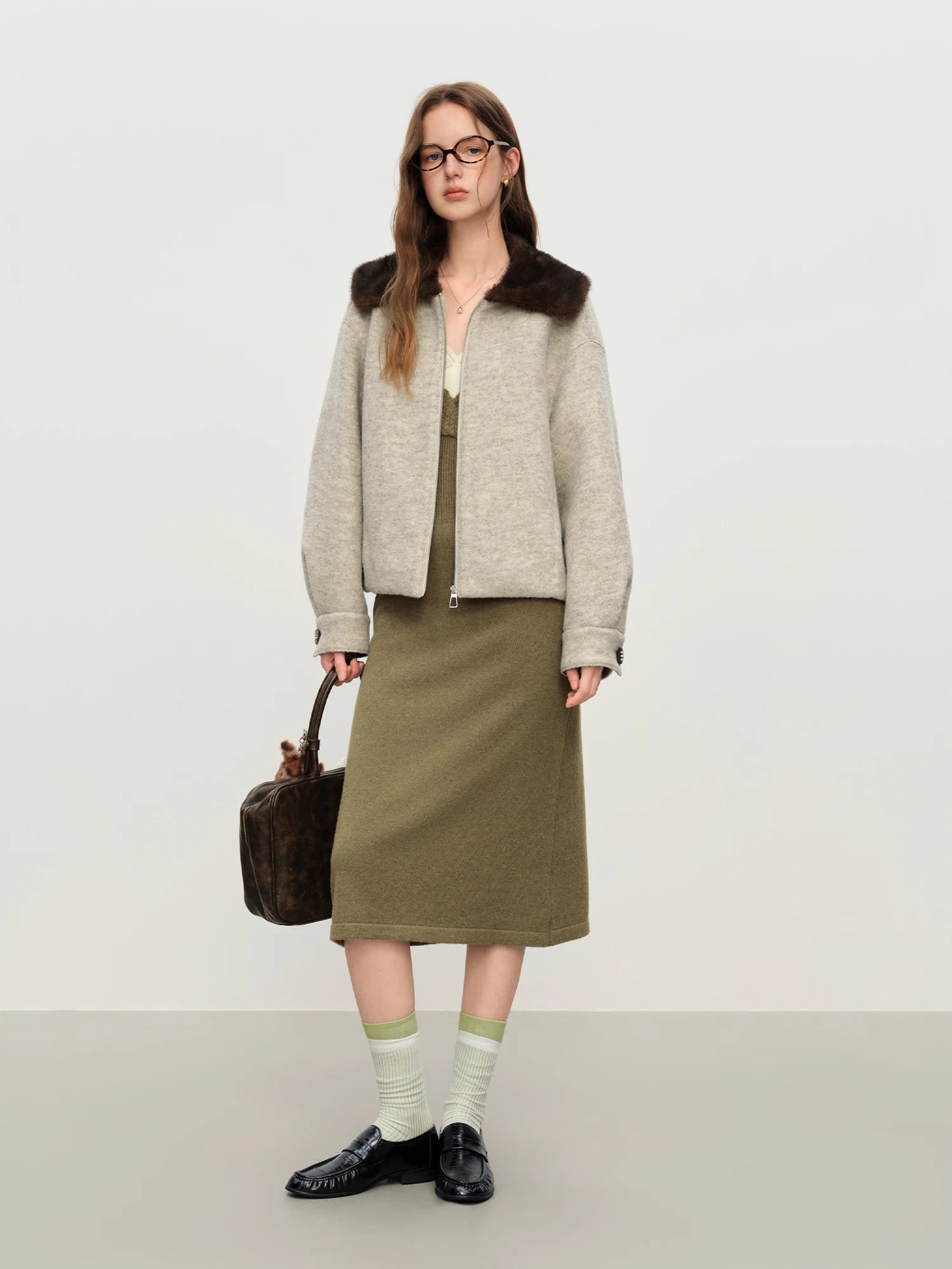 Wool-Blend Jacket With Fur Collar