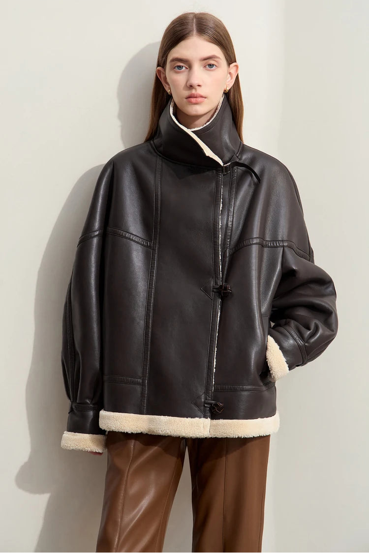 Dark Brown Leather Coat With Beige Fur