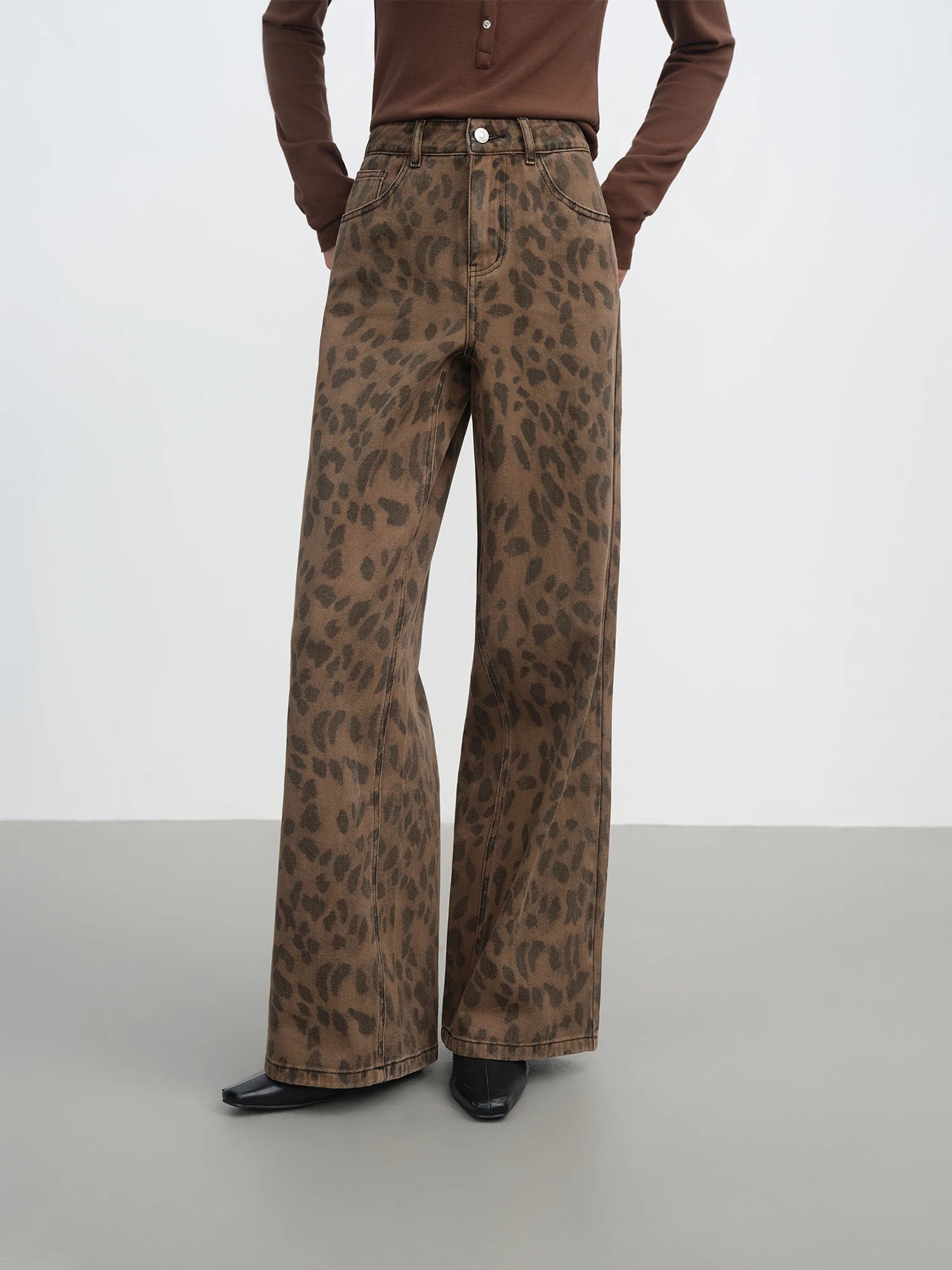 Washed Denim Leopard Pants