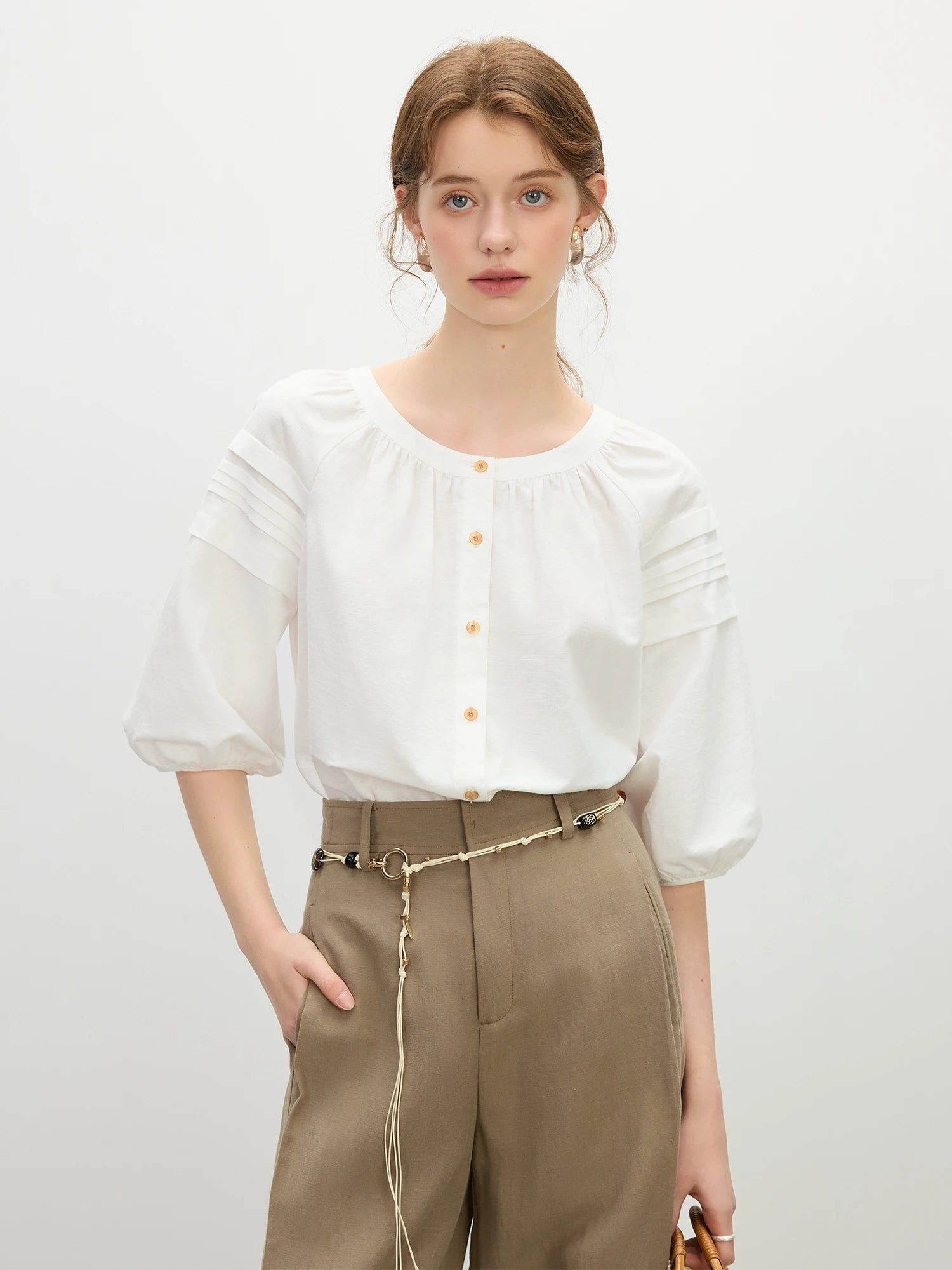 Linen-Blend Short Sleeve Blouse