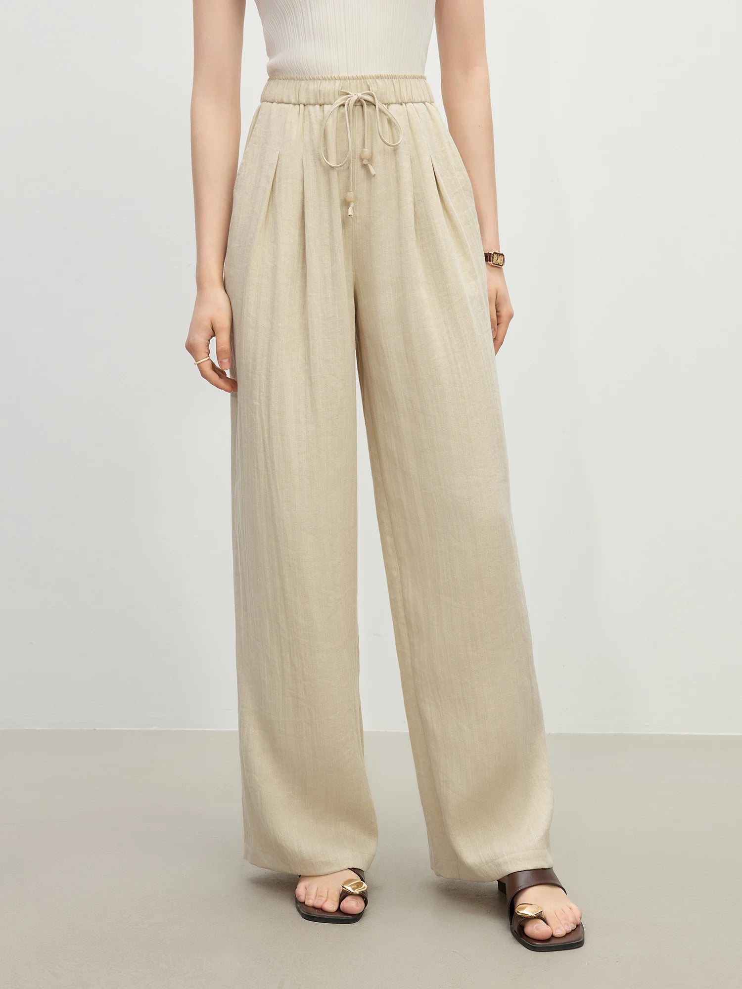 Linen Straight Elastic HIgh Waist Casual Pants