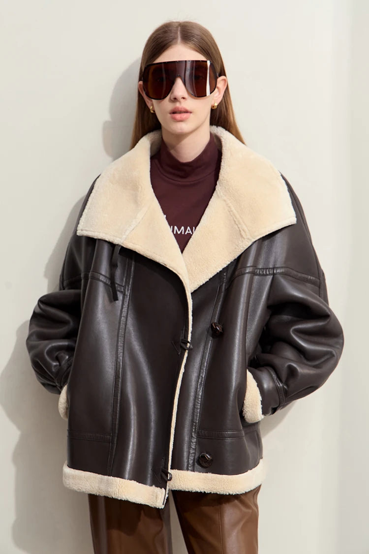 Dark Brown Leather Coat With Beige Fur