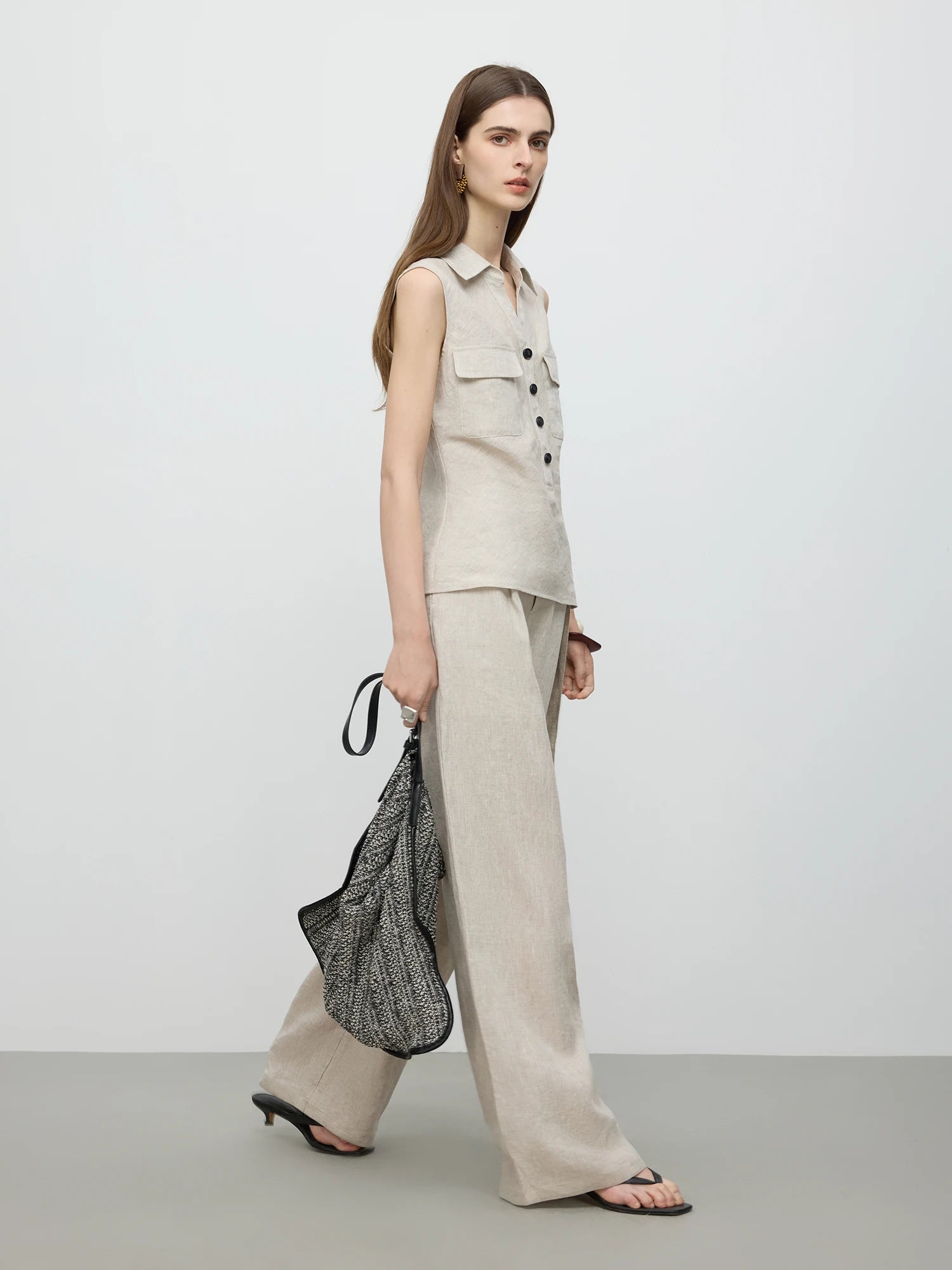 Sleeveless Linen Beige Top and Pants Set