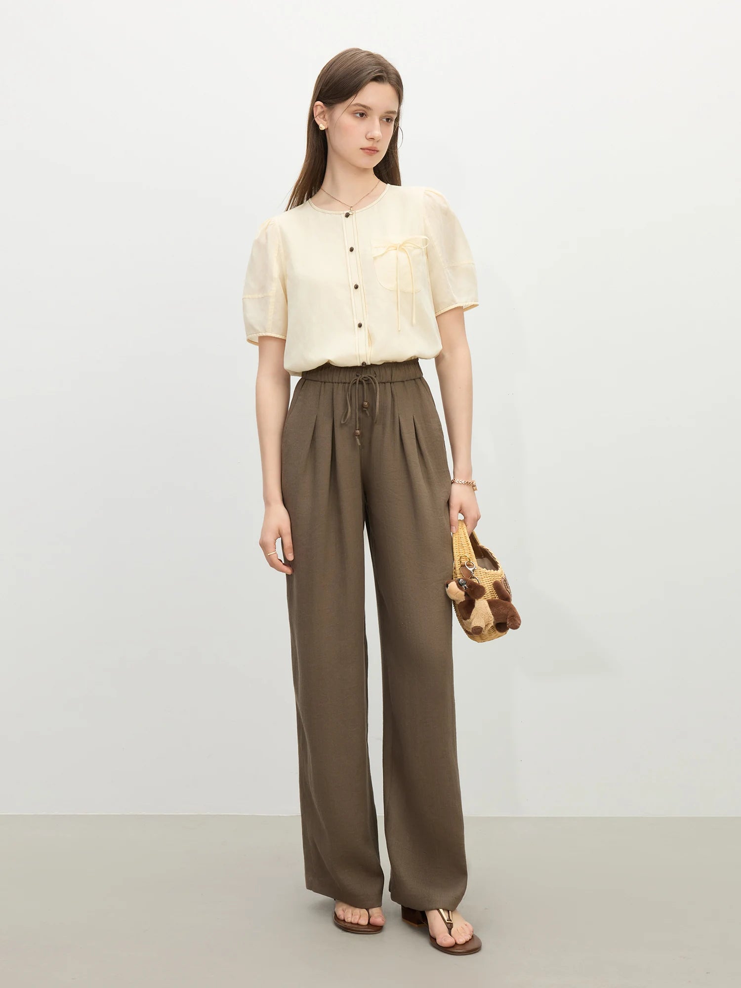 Linen Straight Elastic HIgh Waist Casual Pants