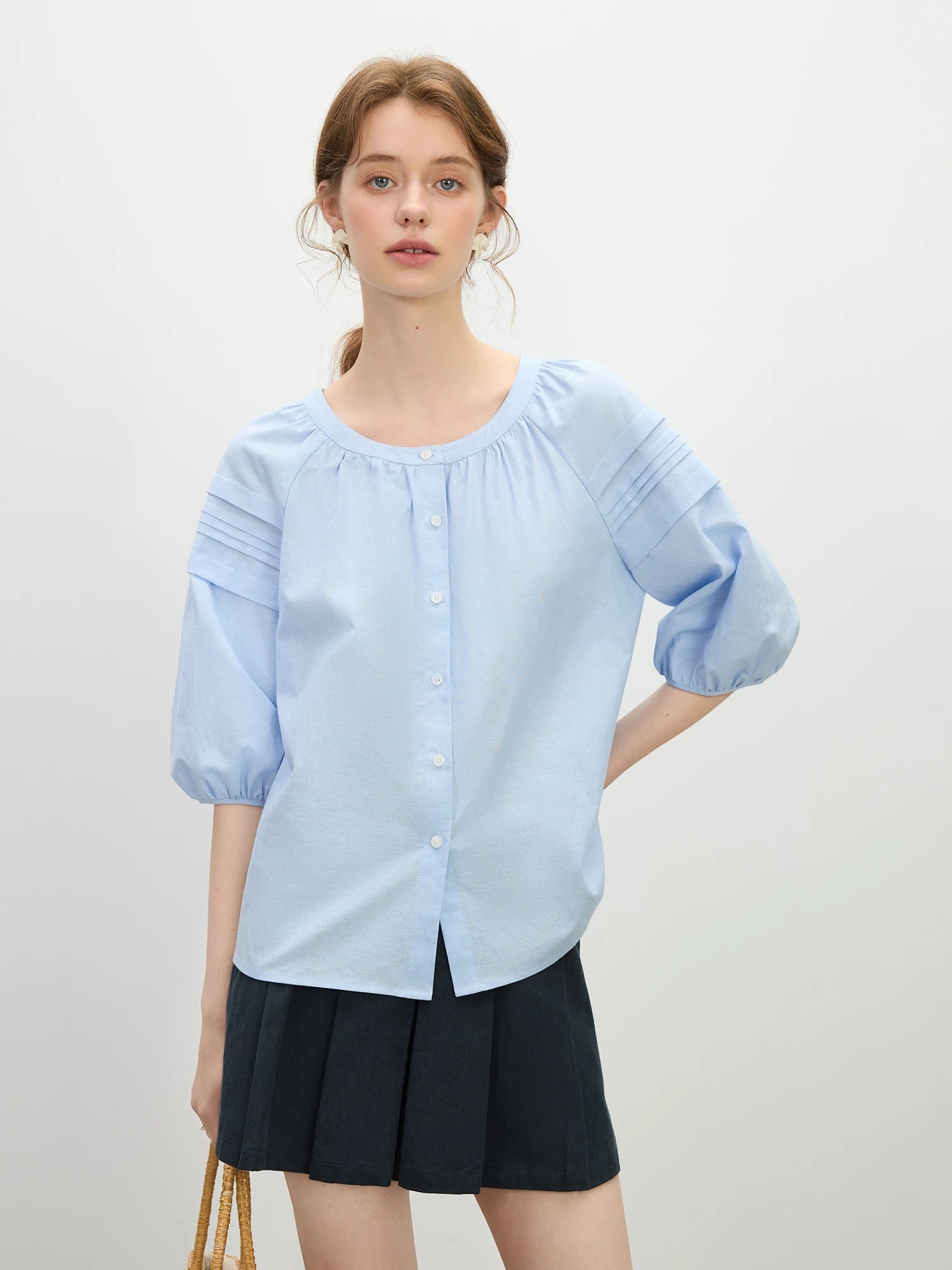 Linen-Blend Short Sleeve Blouse