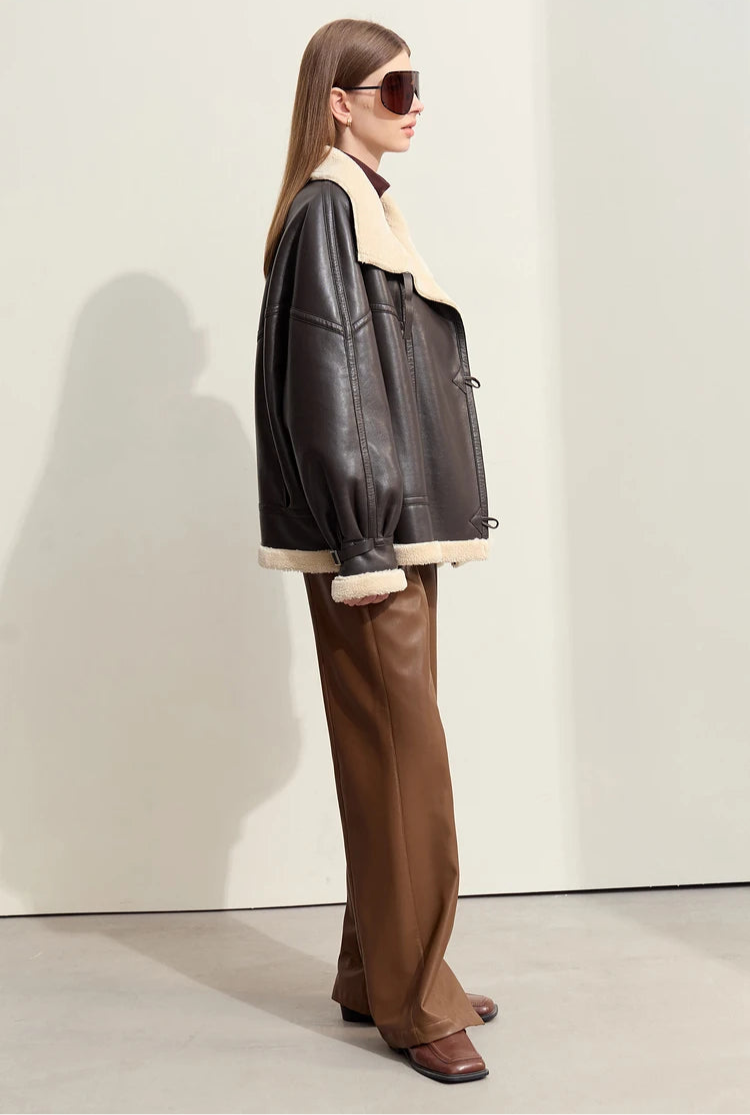 Dark Brown Leather Coat With Beige Fur