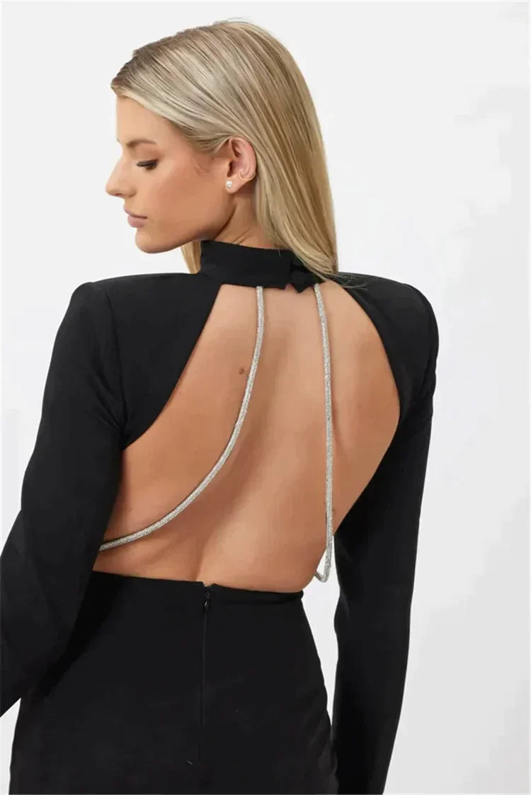 Long dress without slit, long sleeves and rhinestones