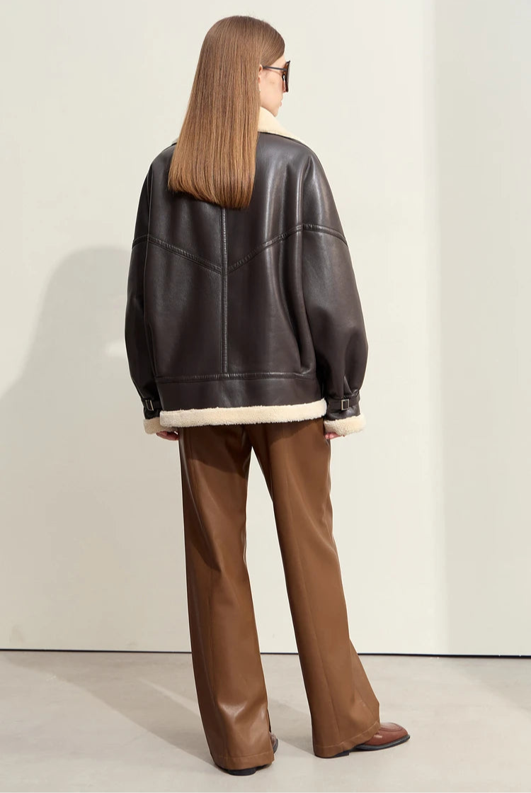 Dark Brown Leather Coat With Beige Fur