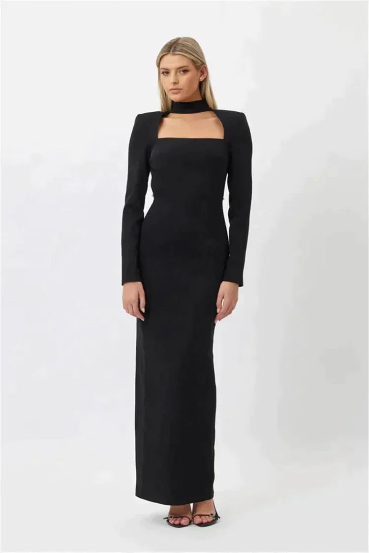 Long dress without slit, long sleeves and rhinestones