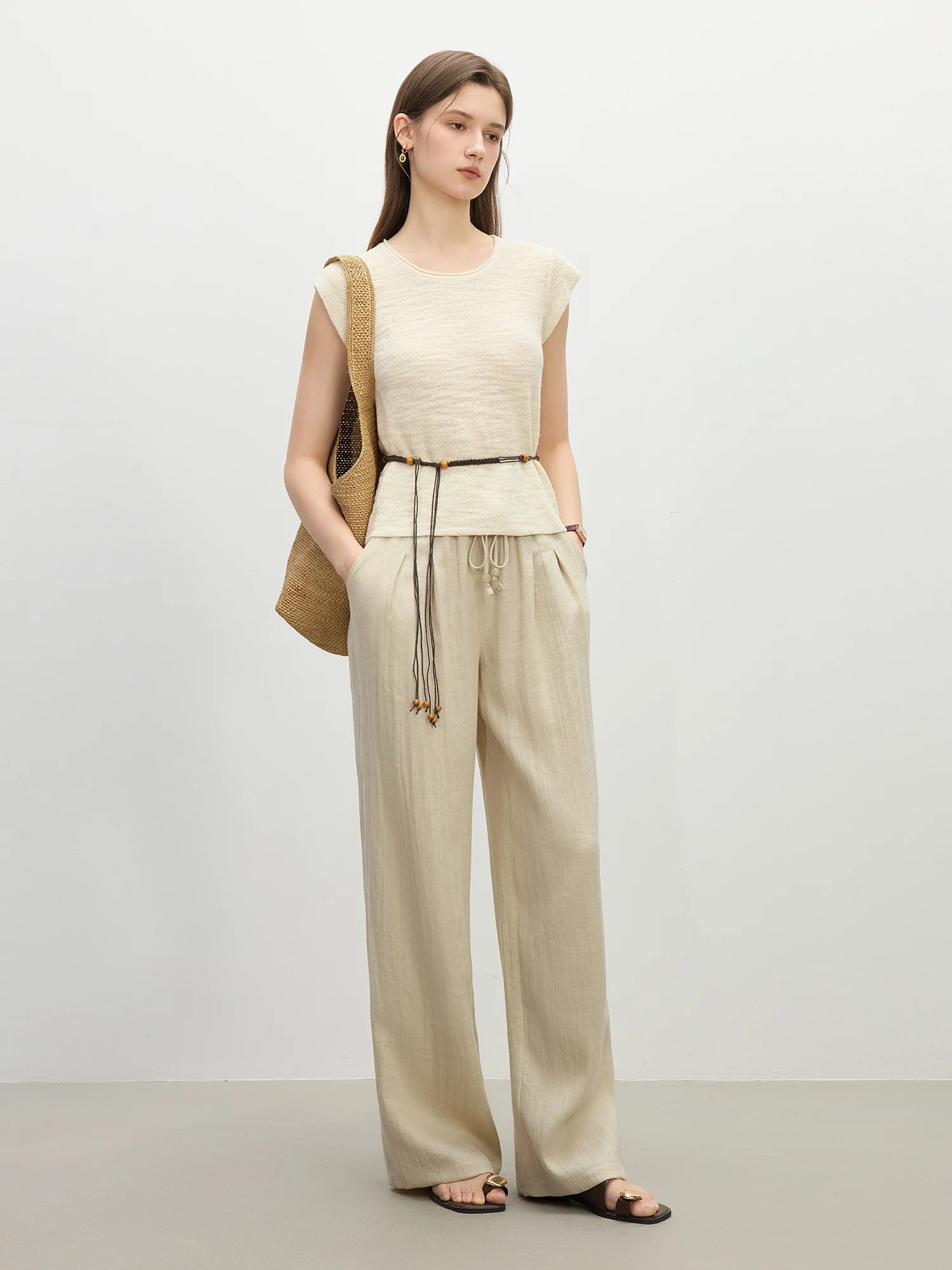 Linen Straight Elastic HIgh Waist Casual Pants