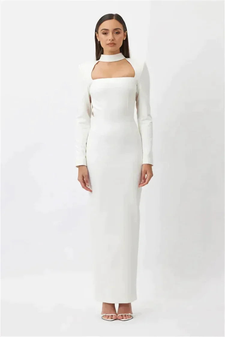 Long dress without slit, long sleeves and rhinestones