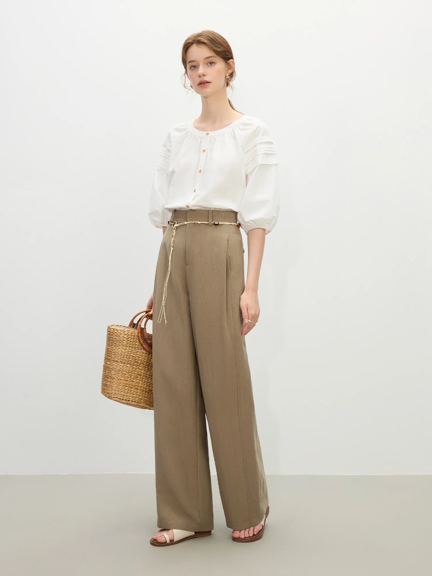 Linen-Blend Short Sleeve Blouse