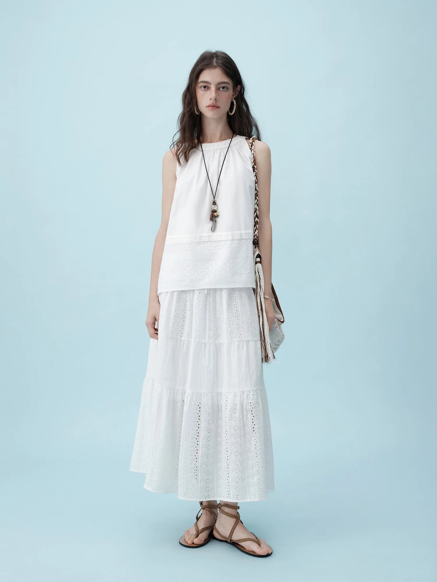 White Sleeveless Top & Textured Chiffon Skirt Set