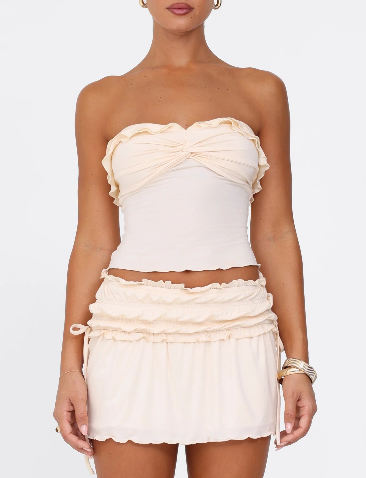 Boob-tube Silhouette Strapless Top and Skirt Set