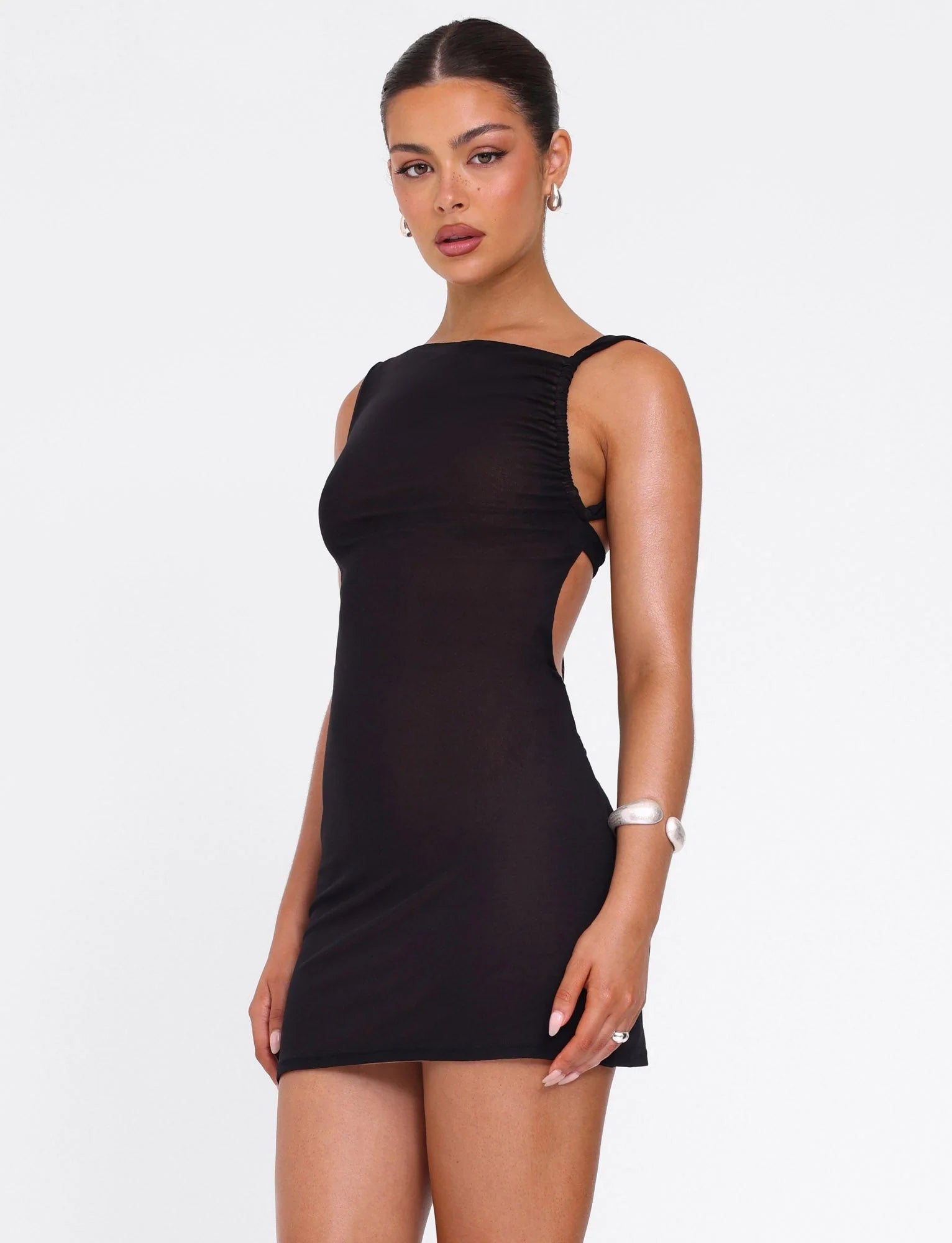 V-neck Drawstring Ruffle Tight Braces Hip Mini Skirt