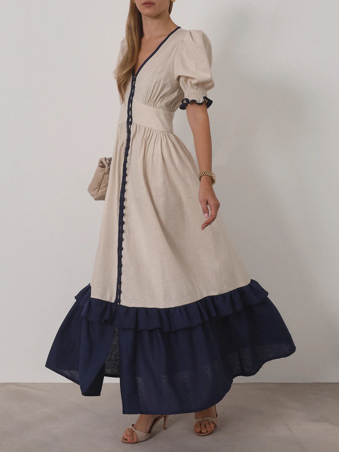 Contemporary Contrast Linen Maxi Dress