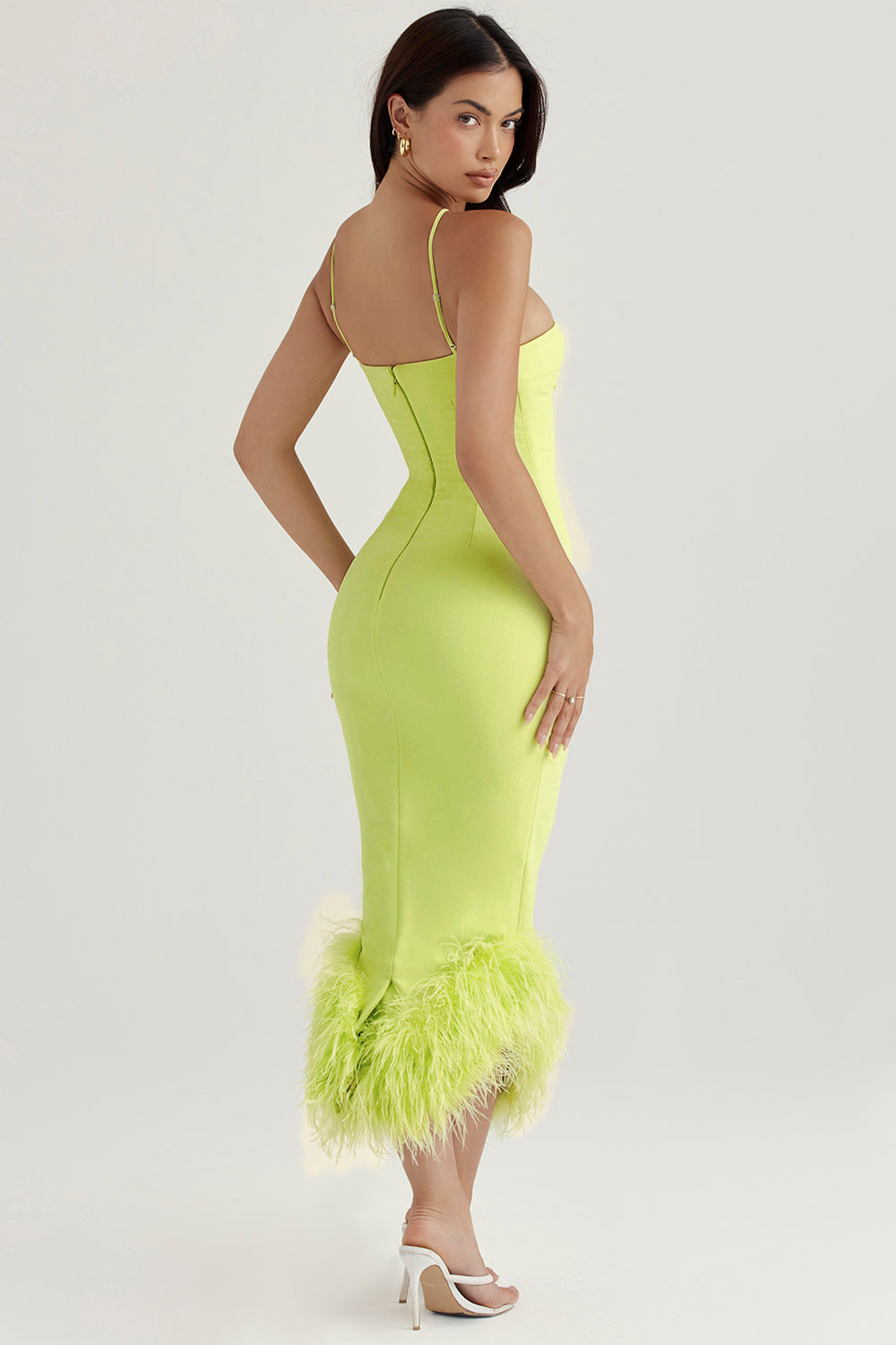 Lime midi dress with feathers