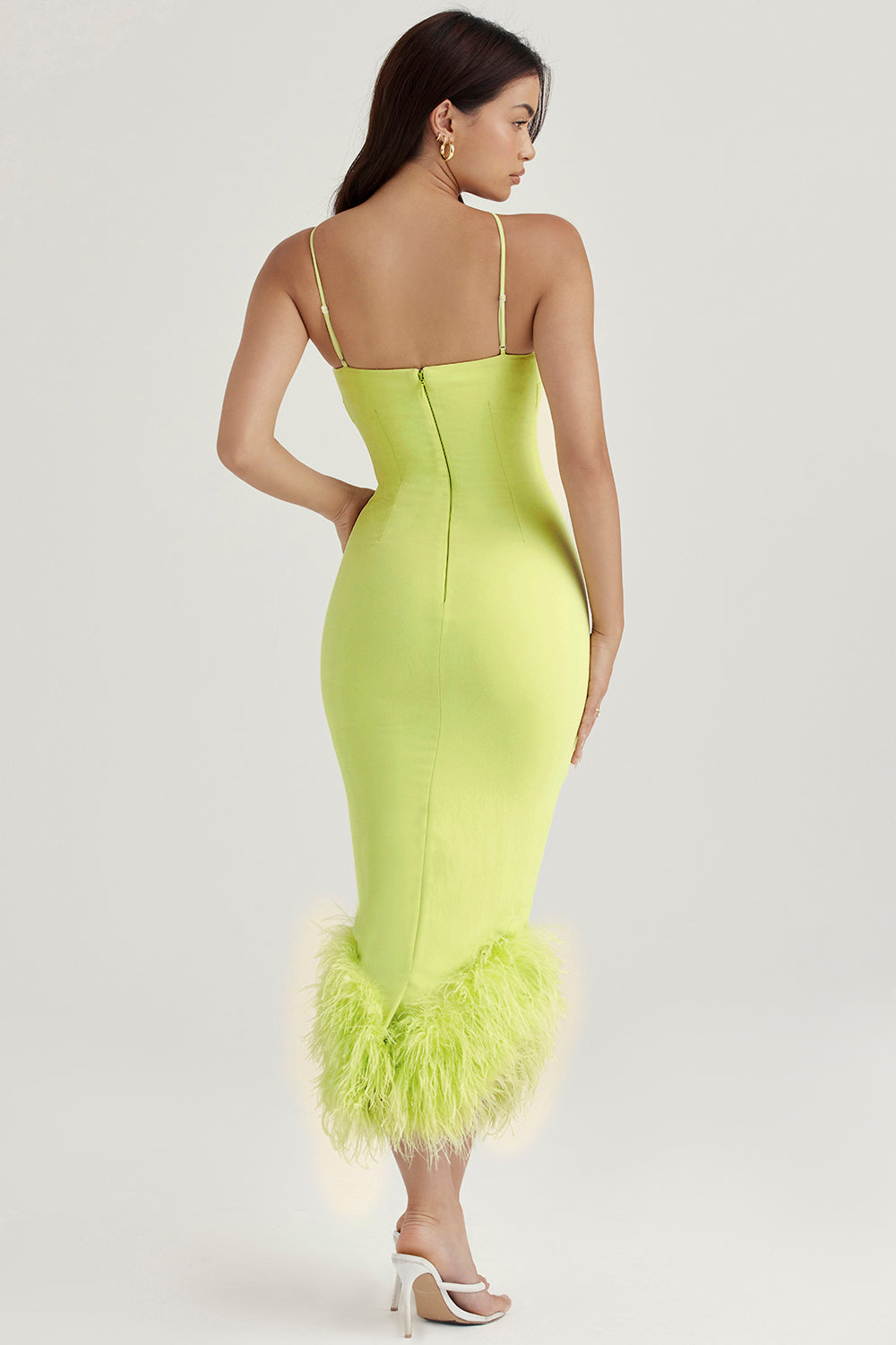 Lime midi dress with feathers