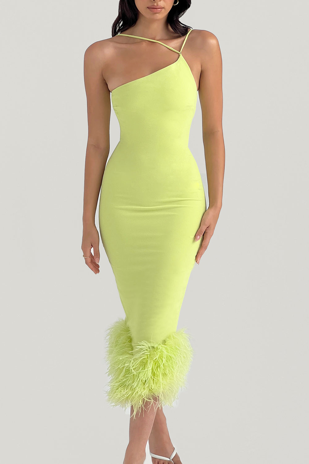 Lime midi dress with feathers
