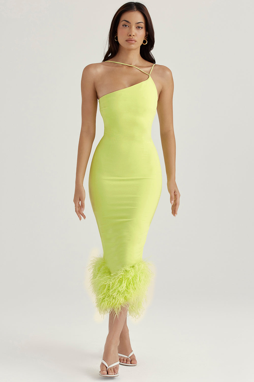 Lime midi dress with feathers