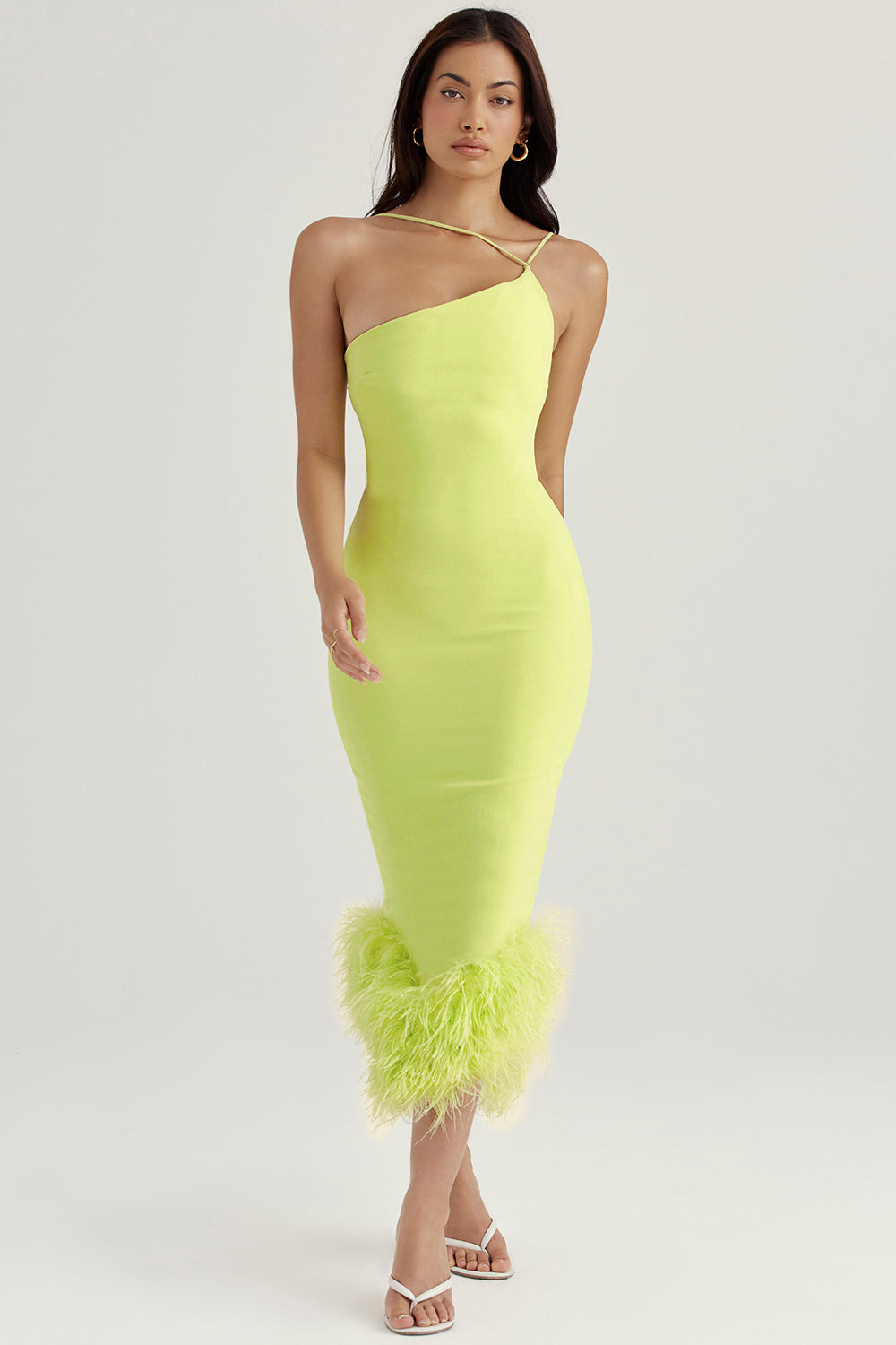 Lime midi dress with feathers
