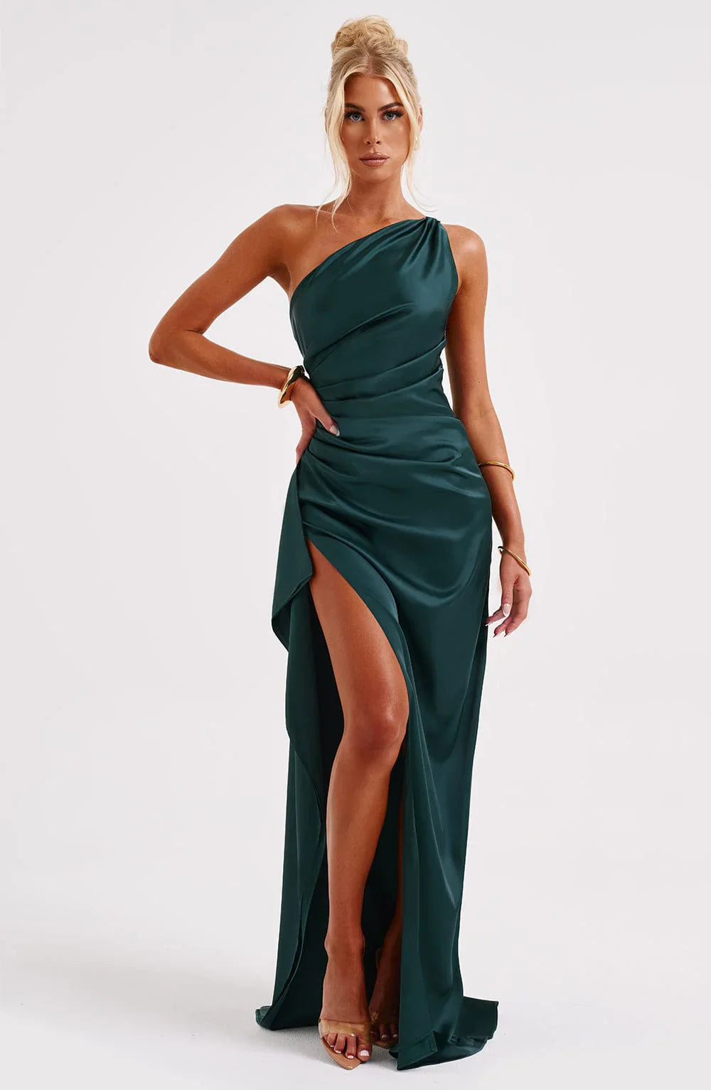 One shoulder Pleated Split Satin Dress