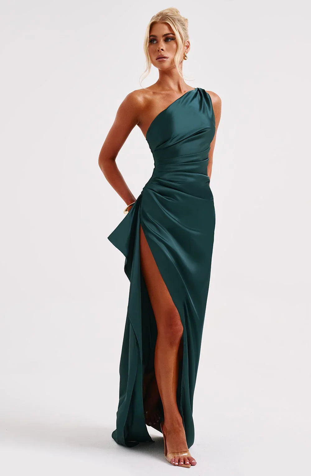 One shoulder Pleated Split Satin Dress