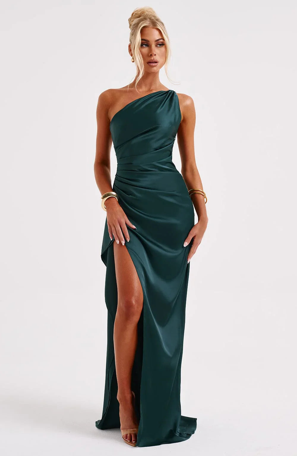 One shoulder Pleated Split Satin Dress