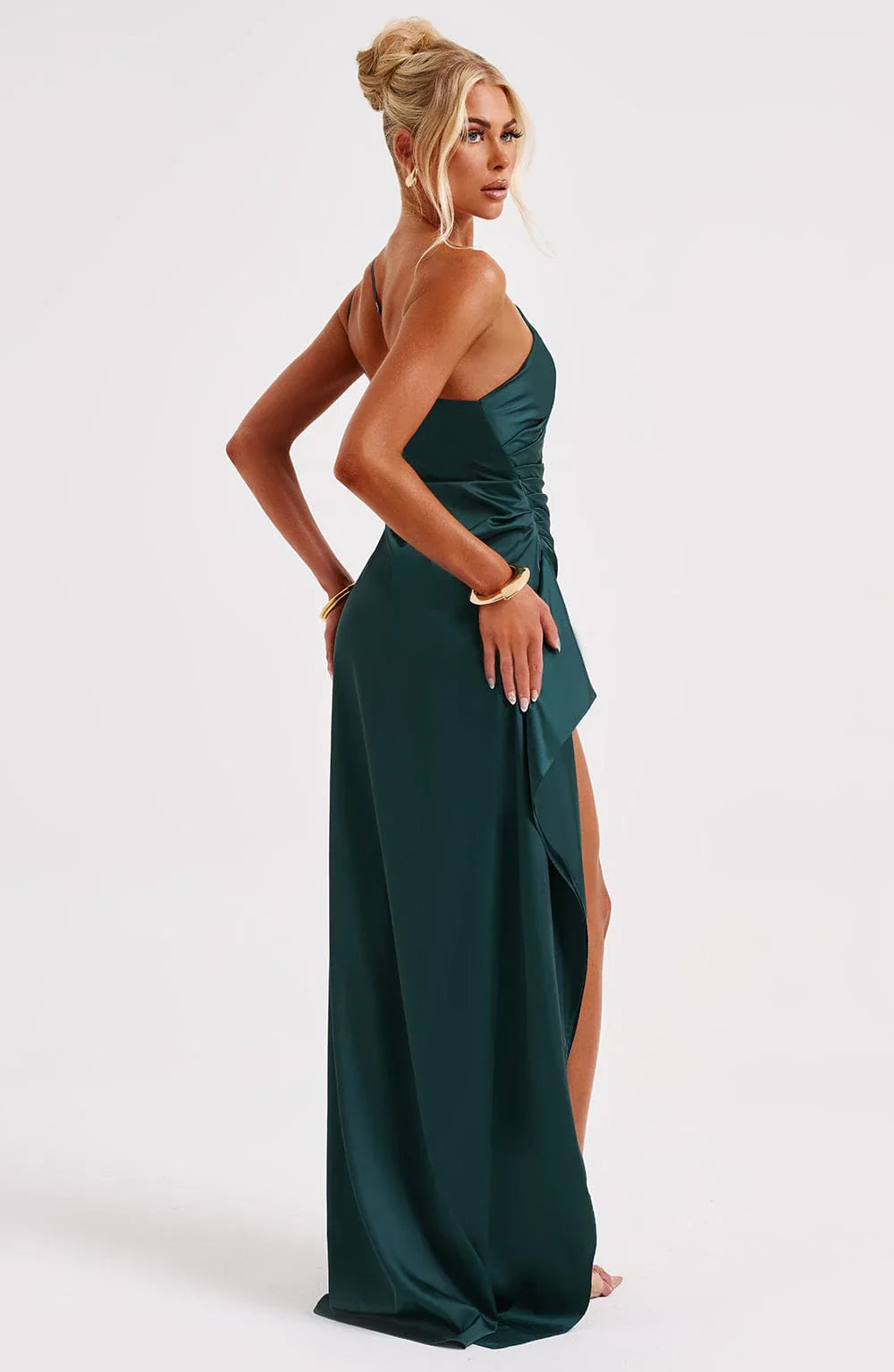 One shoulder Pleated Split Satin Dress