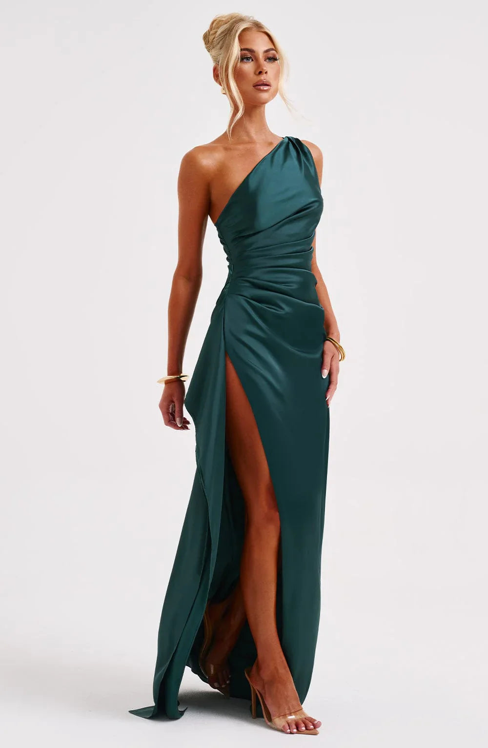One shoulder Pleated Split Satin Dress