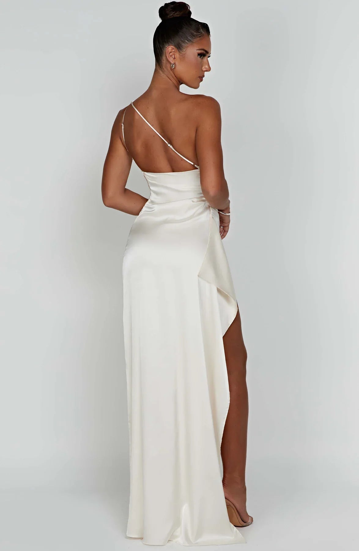 One shoulder Pleated Split Satin Dress