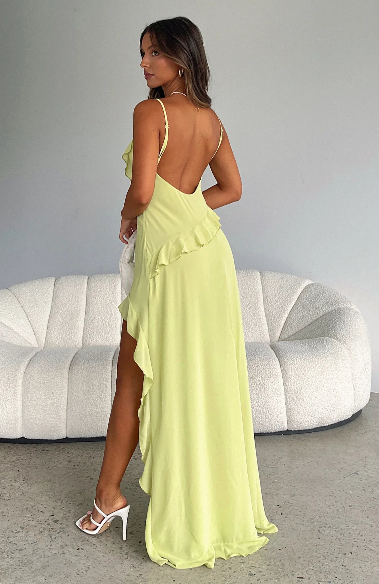 Backless Ruffled Maxi Dress In Light Green