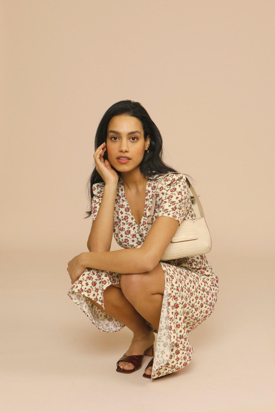 Floral V-Neck Midi Dress With Puff Sleeves