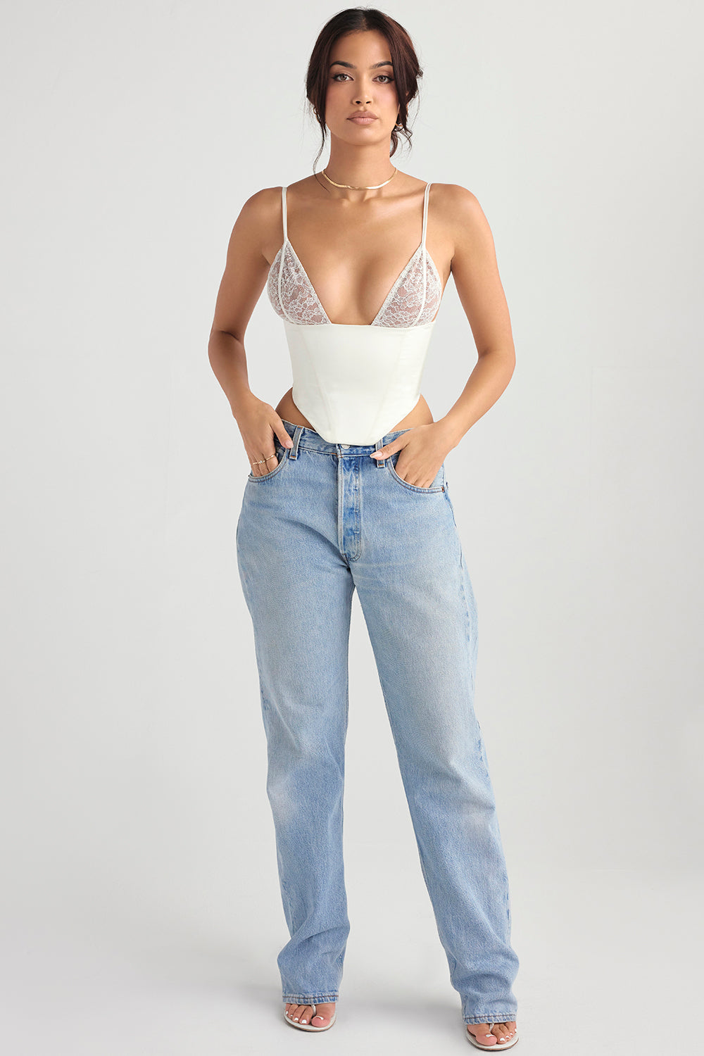 Ivory colored satin and lace corset