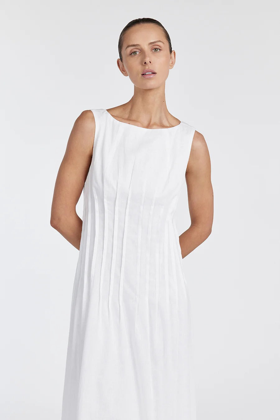 Elegant White Linen Cotton Midi Dress