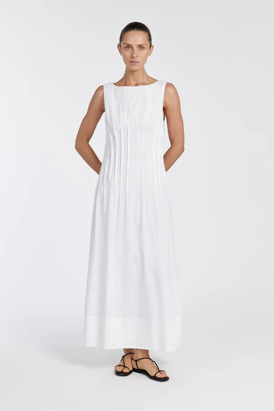 Elegant White Linen Cotton Midi Dress
