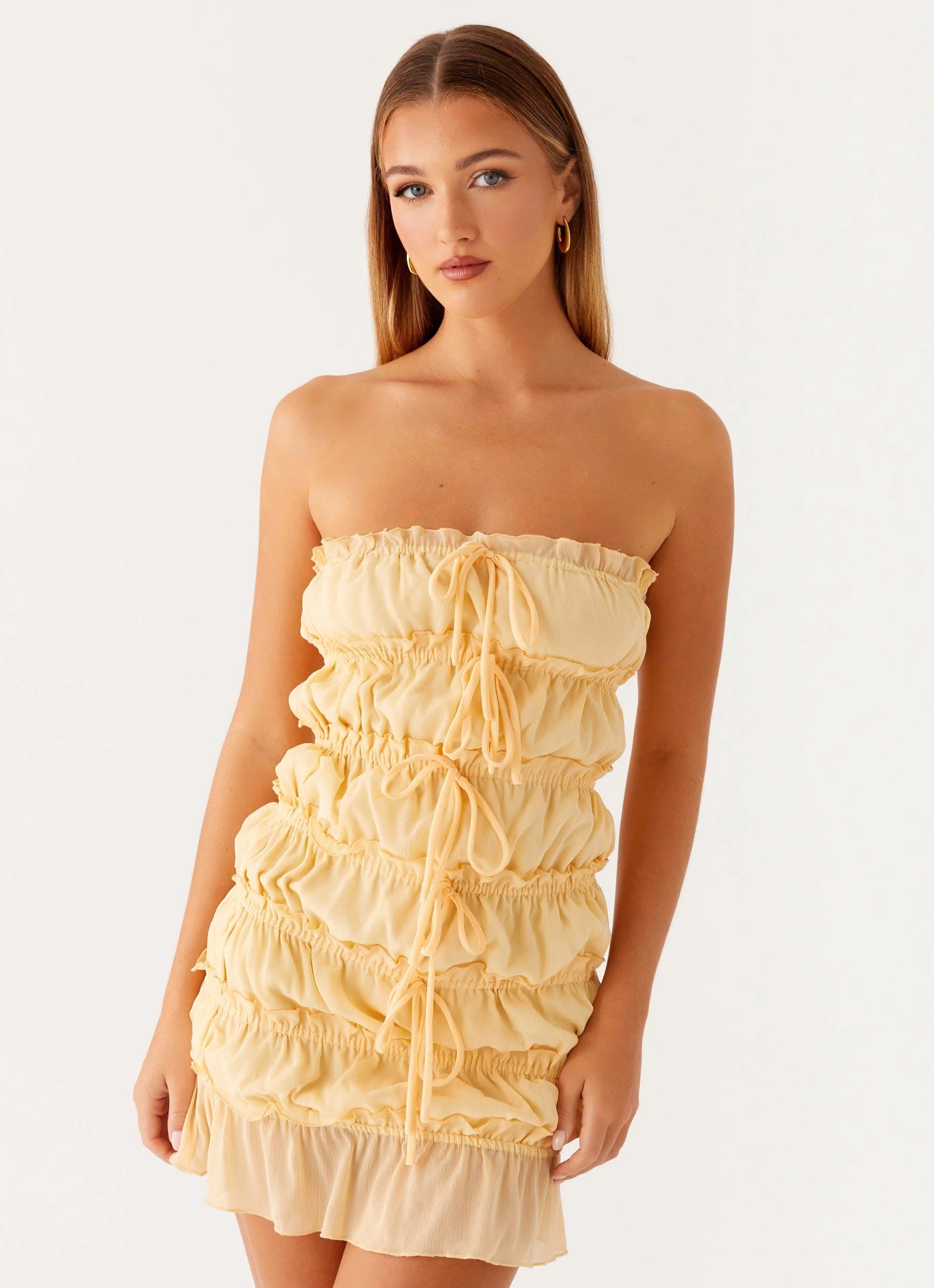 Yellow Bowknot Lace-up Tube Mini Dress