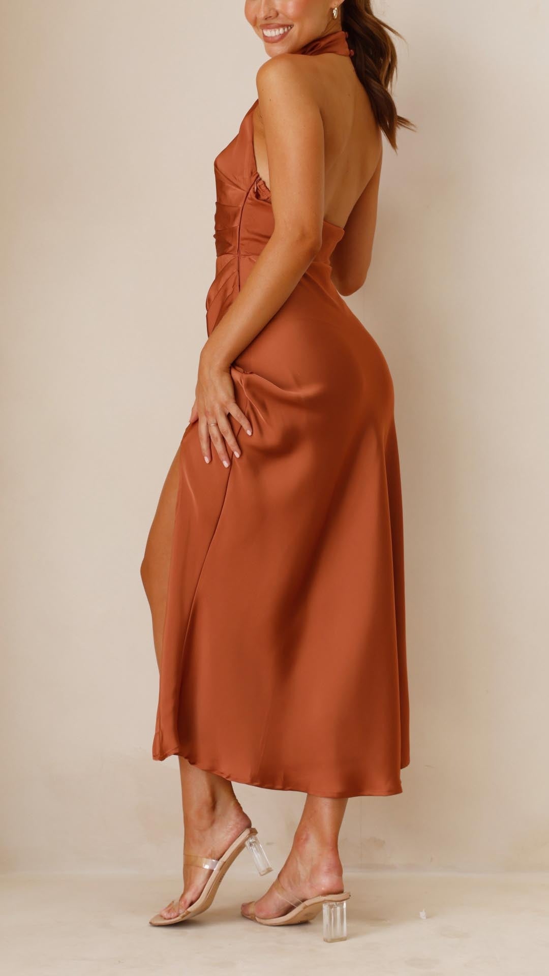 Copper High Neck Gathered Satin Maxi Dress
