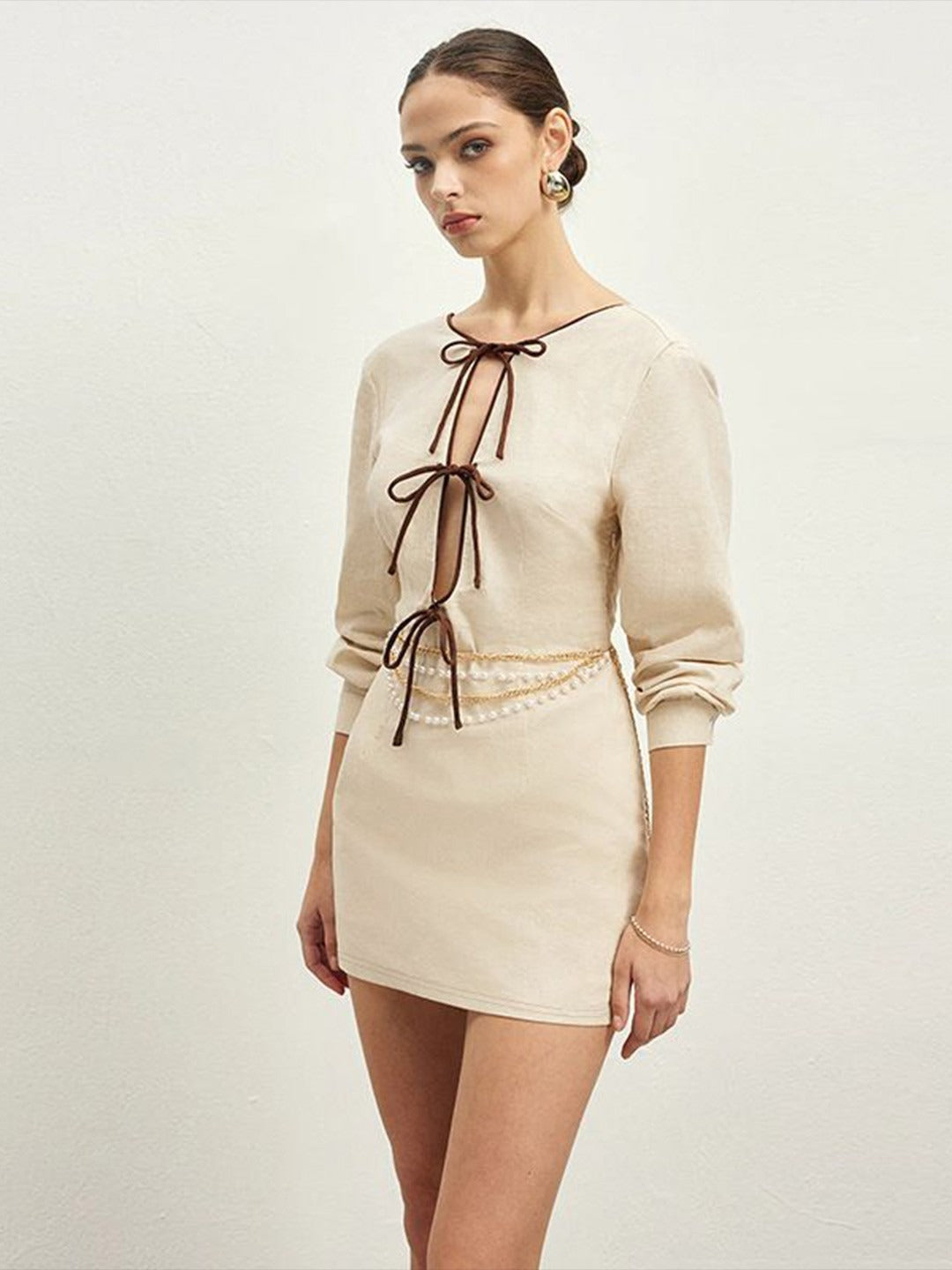 Lace-up Cutout Beige Mini Dress