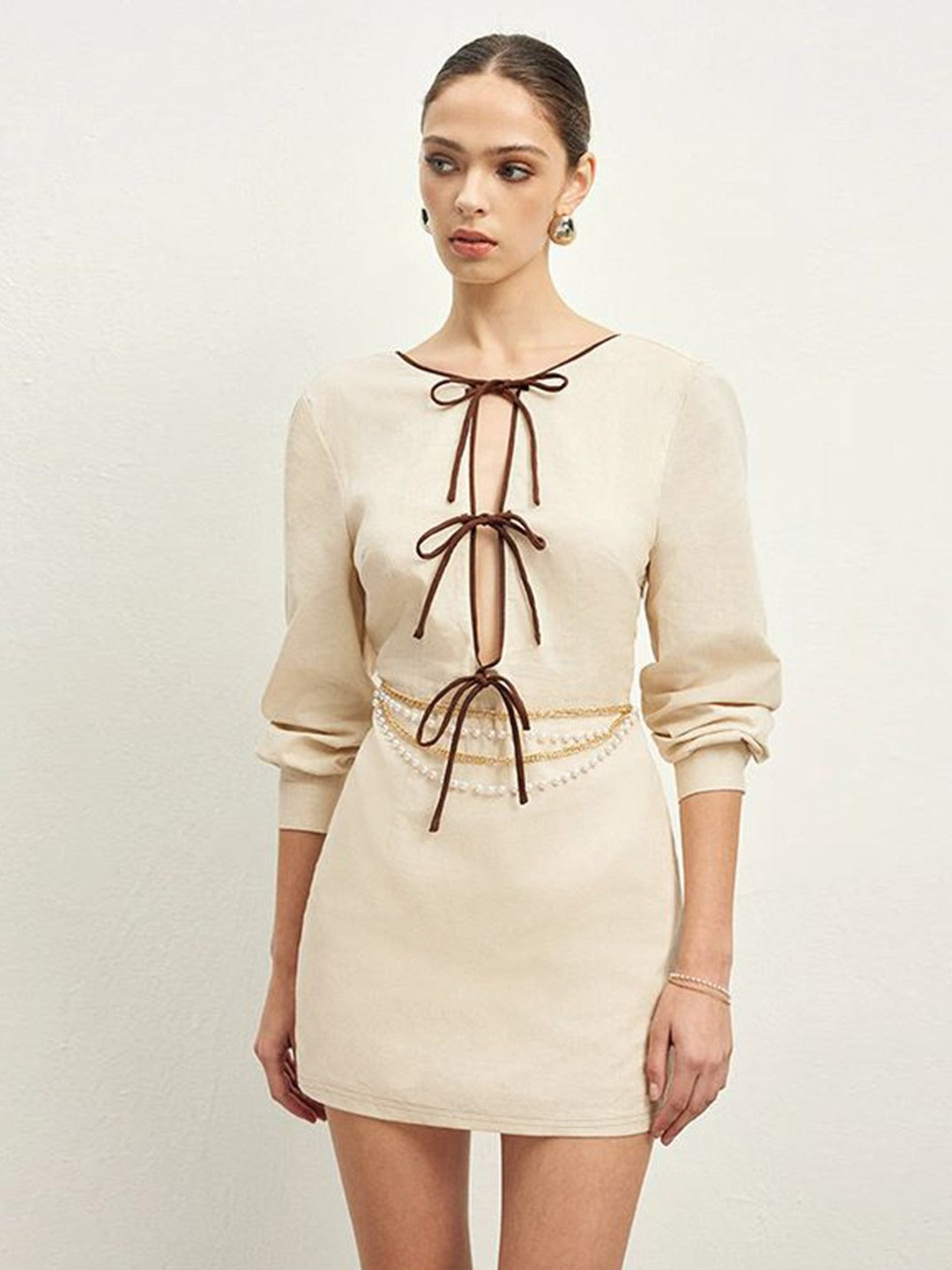 Lace-up Cutout Beige Mini Dress