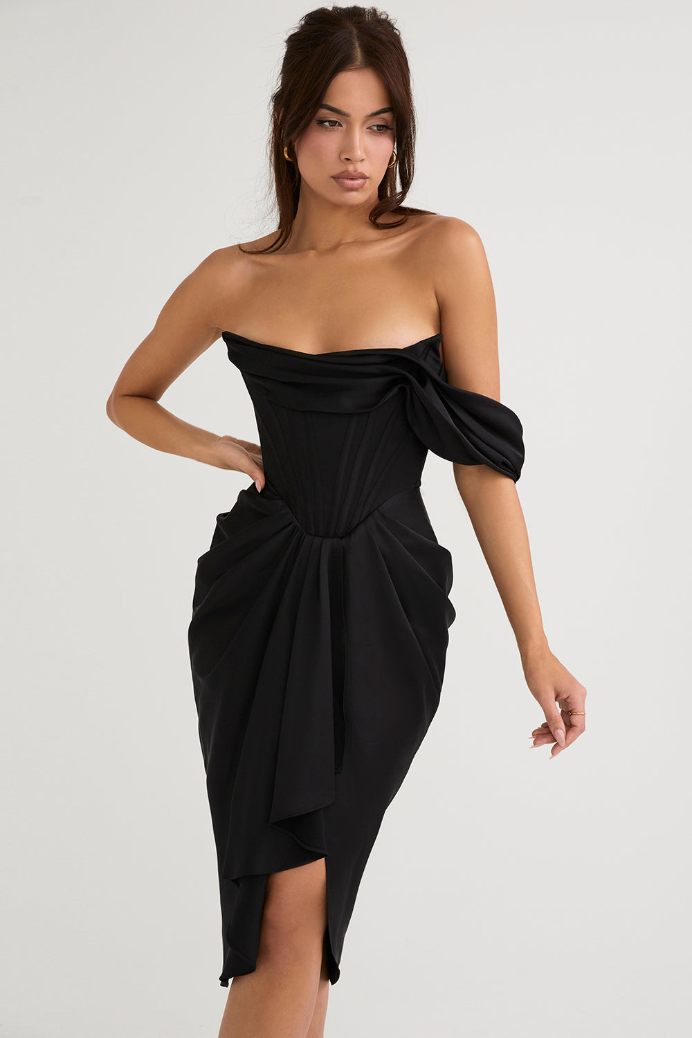 Draped satin midi dress with one shoulder