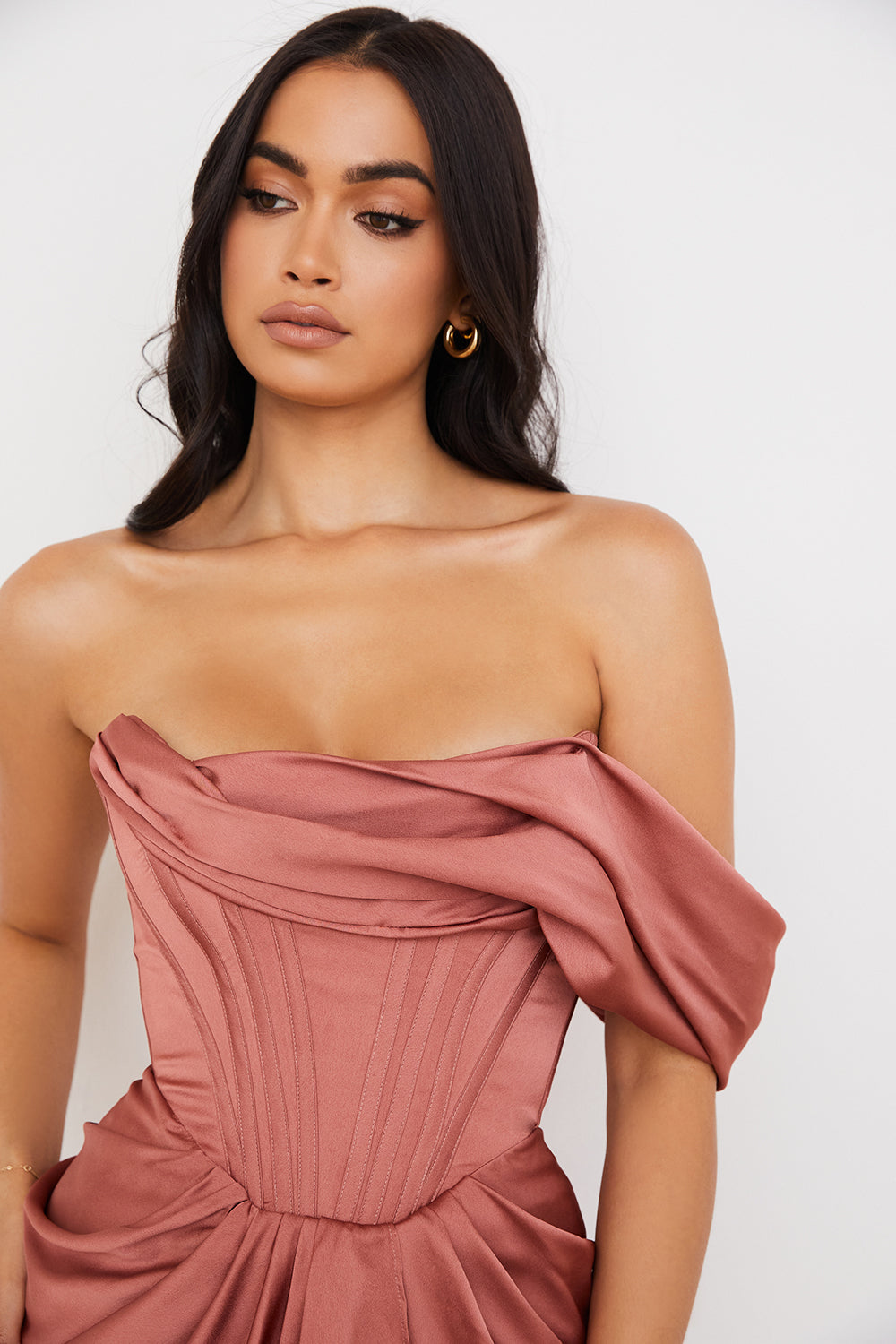 Draped satin midi dress with one shoulder