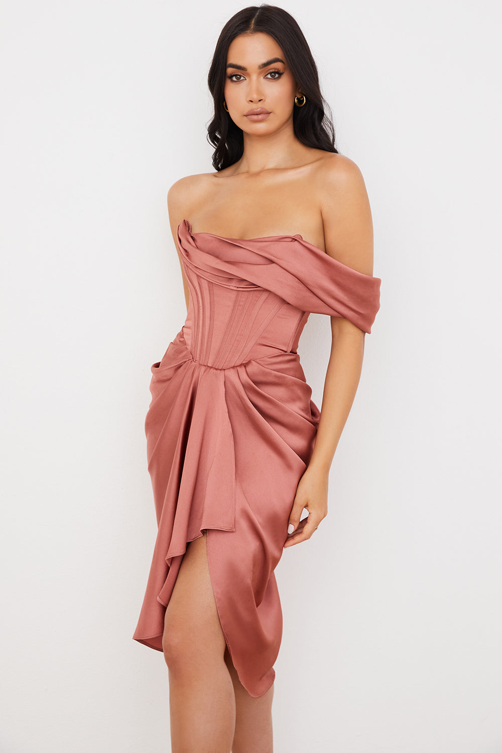 Draped satin midi dress with one shoulder