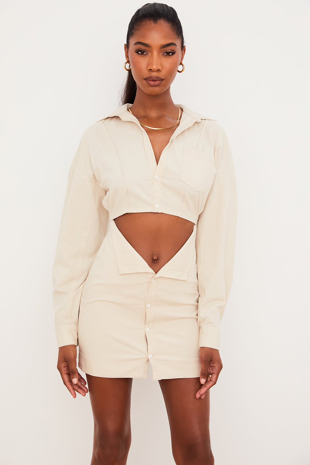 Beige linen shirt dress with cut-out