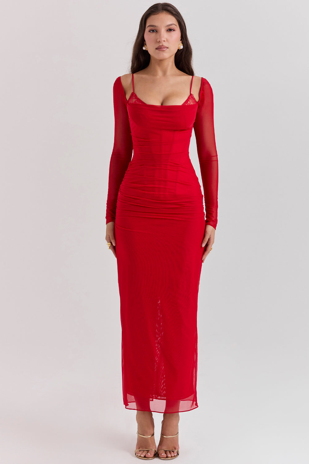 Deep red maxi dress with long sleeves
