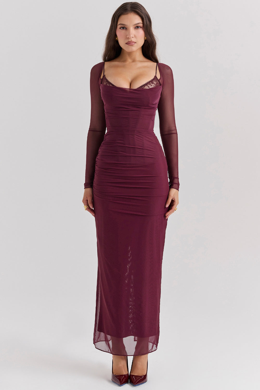 Deep red maxi dress with long sleeves