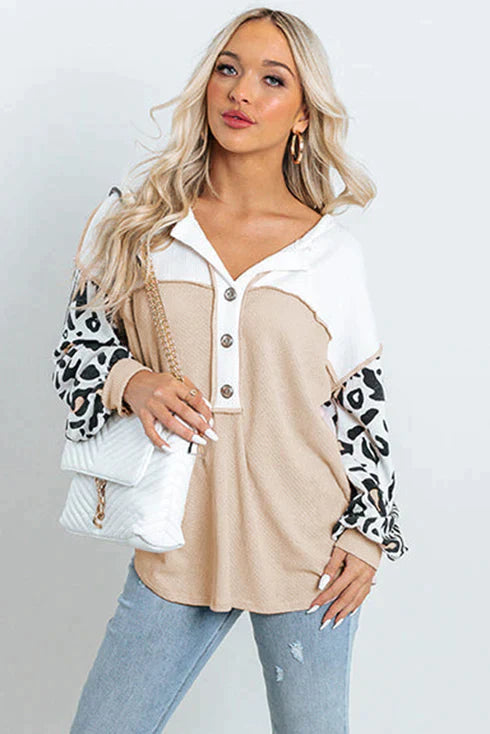 Patchwork waffle knit top with leopard sleeves